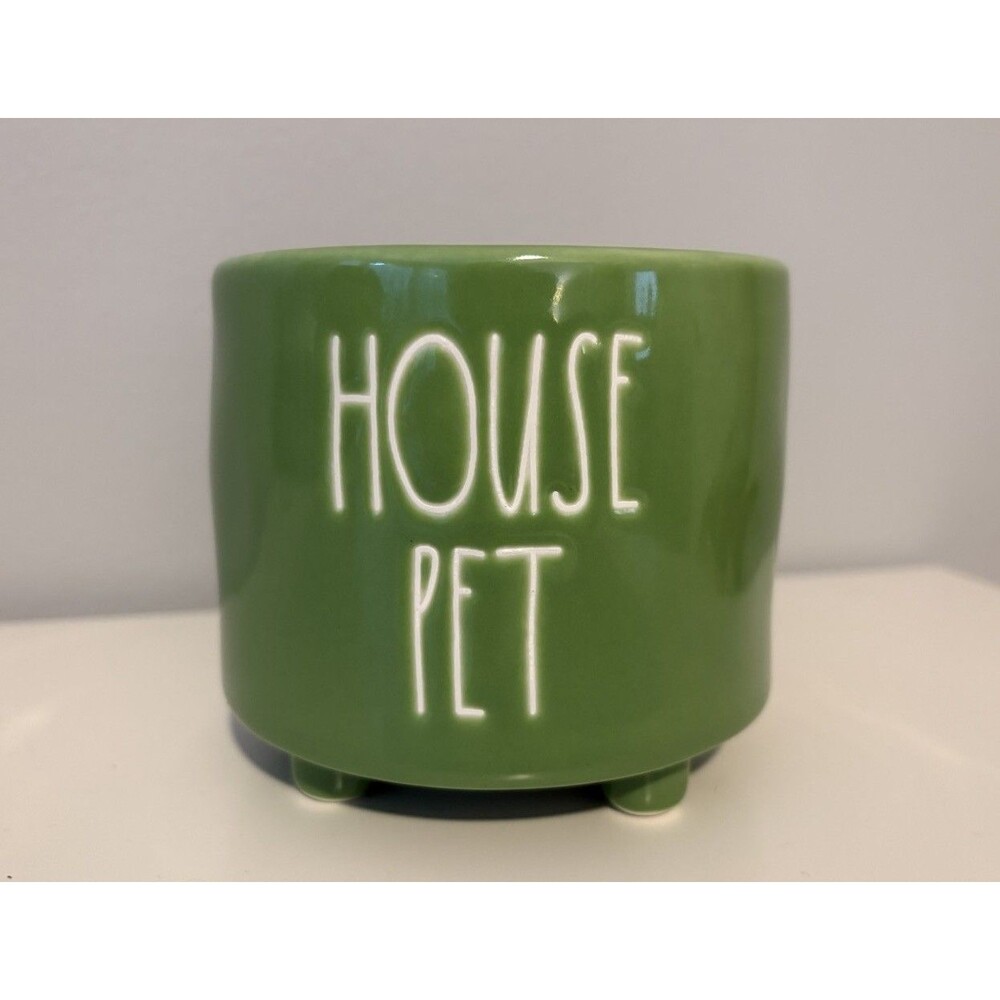 RAE DUNN Artisan Collection House Pet Ceramic Planter Green White Letters Feet
